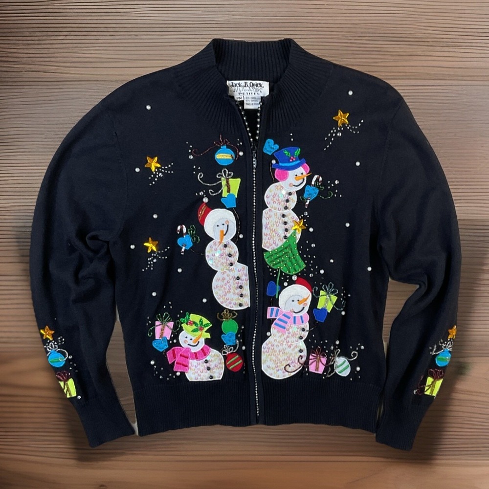 Vintage Jack B Quick Sweater Petite Sz M Christmas Snowman Beaded Full Zip 90s